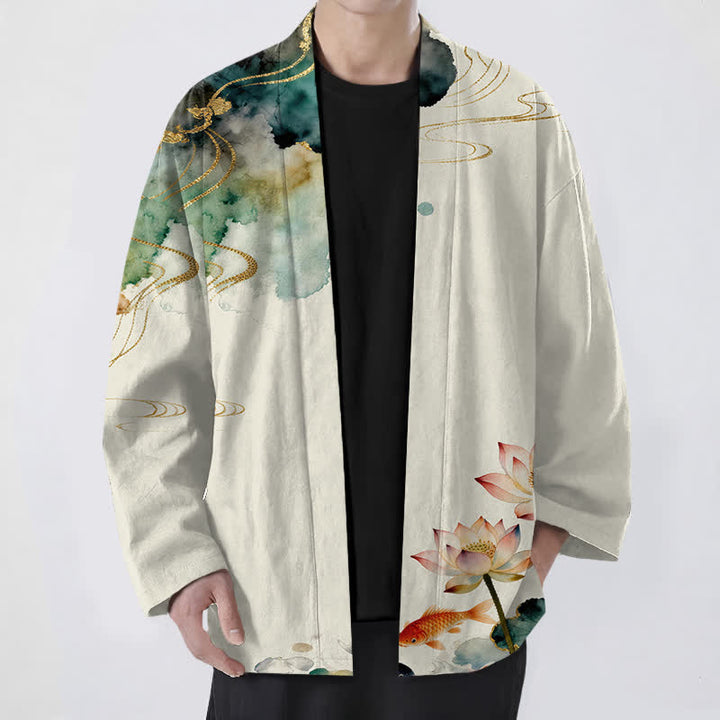 Buddha Stones Męskie kimono z bawełny Lotus Koi Ink Cloud z otwartym przodem - Beżowy - US/UK/AU48， EU58 (4XL) - image 9