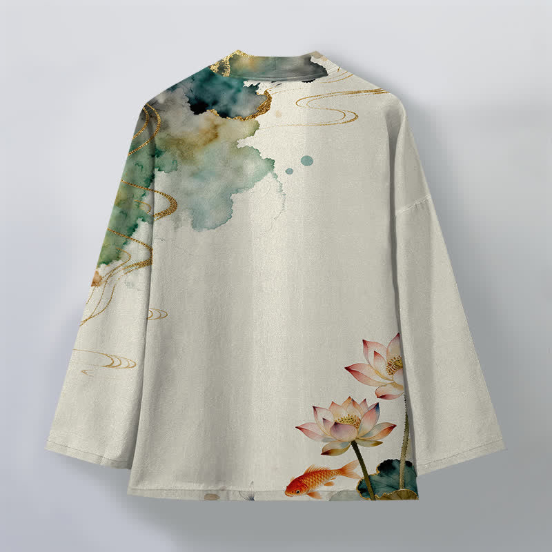 Buddha Stones Męskie kimono z bawełny Lotus Koi Ink Cloud z otwartym przodem - image 11