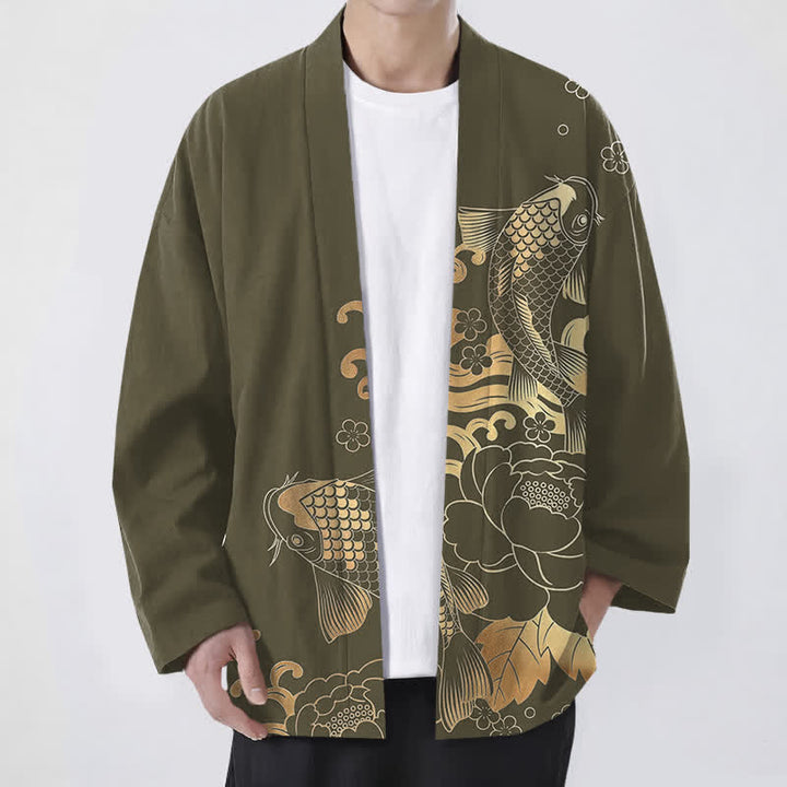 Buddha Stones Bawełniane kimono męskie z kwiatowym wzorem w złote kwiaty koi z otwartym przodem - Oliwka - US/UK/AU48， EU58 (4XL) - image 0