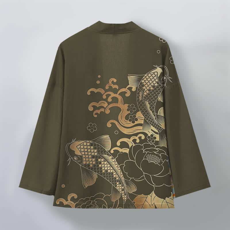 Buddha Stones Bawełniane kimono męskie z kwiatowym wzorem w złote kwiaty koi z otwartym przodem - image 2