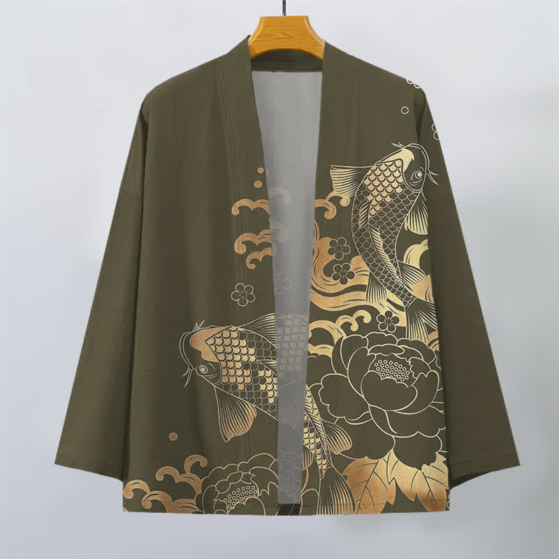 Buddha Stones Bawełniane kimono męskie z kwiatowym wzorem w złote kwiaty koi z otwartym przodem - image 1