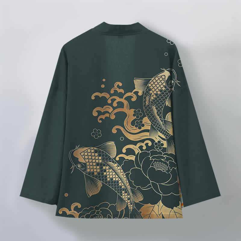 Buddha Stones Bawełniane kimono męskie z kwiatowym wzorem w złote kwiaty koi z otwartym przodem - image 8