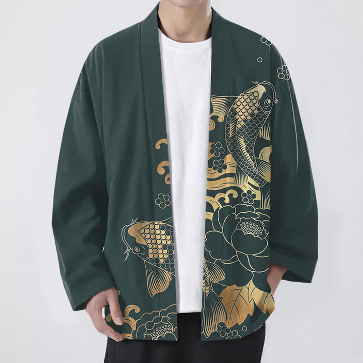 Buddha Stones Bawełniane kimono męskie z kwiatowym wzorem w złote kwiaty koi z otwartym przodem - Cyraneczka - US/UK/AU48， EU58 (4XL) - image 6