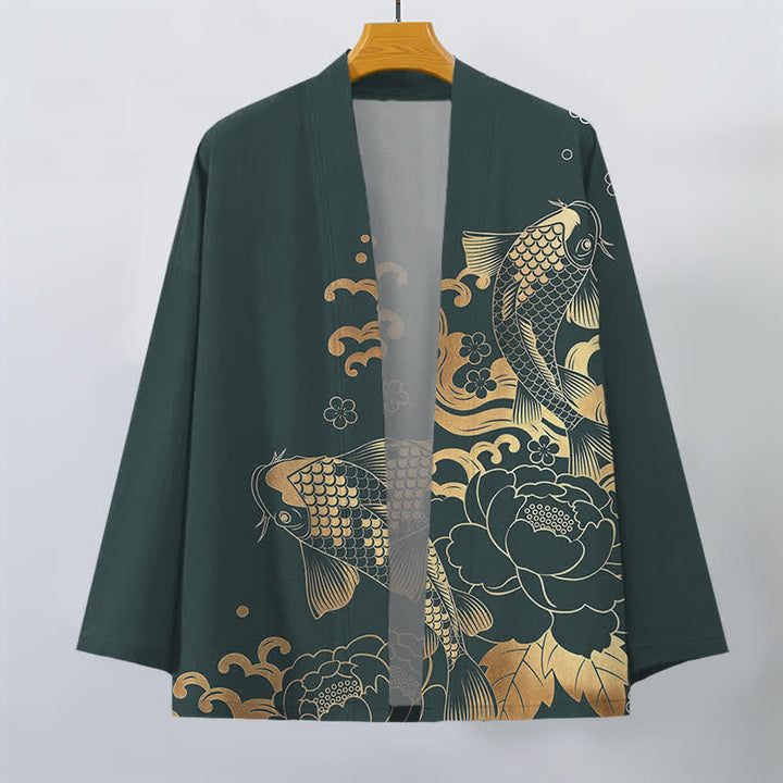 Buddha Stones Bawełniane kimono męskie z kwiatowym wzorem w złote kwiaty koi z otwartym przodem - image 7