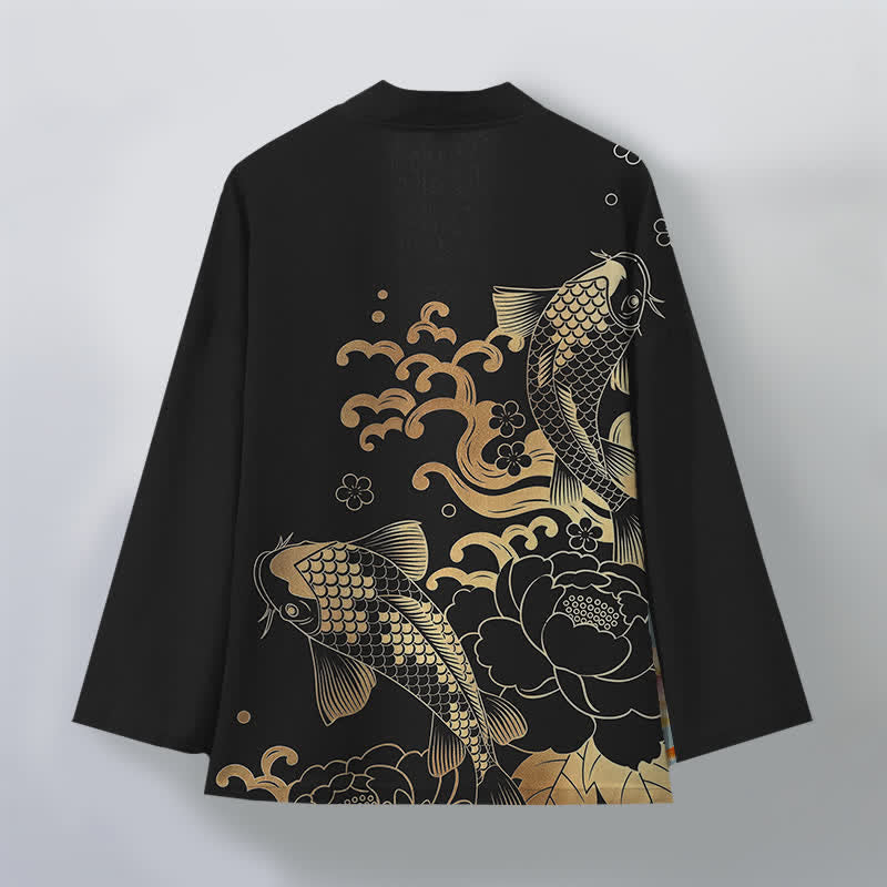 Buddha Stones Bawełniane kimono męskie z kwiatowym wzorem w złote kwiaty koi z otwartym przodem - image 11
