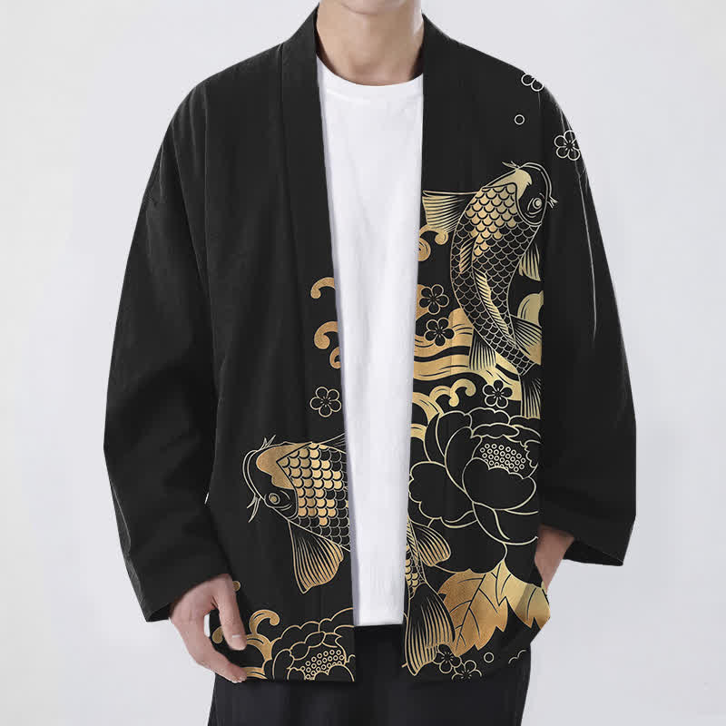 Buddha Stones Bawełniane kimono męskie z kwiatowym wzorem w złote kwiaty koi z otwartym przodem - Czarny - US/UK/AU48， EU58 (4XL) - image 9