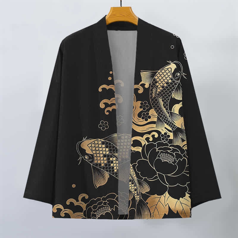Buddha Stones Bawełniane kimono męskie z kwiatowym wzorem w złote kwiaty koi z otwartym przodem - image 10