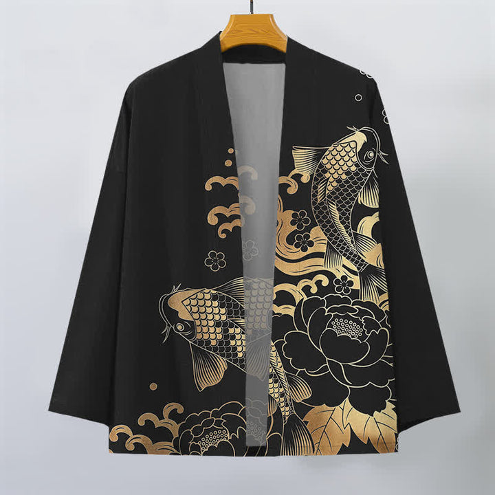 Buddha Stones Bawełniane kimono męskie z kwiatowym wzorem w złote kwiaty koi z otwartym przodem - image 10