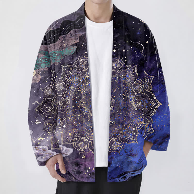Buddha Stones Bawełniane kimono męskie z wzorem galaktycznej mandali z otwartym przodem - Indygo - US/UK/AU48， EU58 (4XL) - image 0