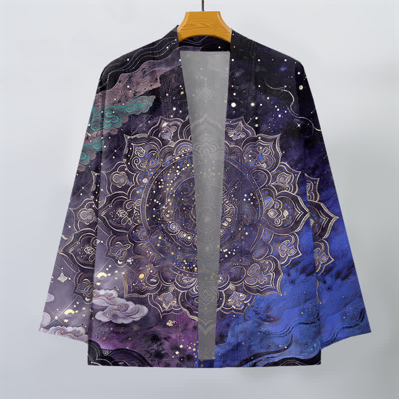Buddha Stones Bawełniane kimono męskie z wzorem galaktycznej mandali z otwartym przodem - image 1