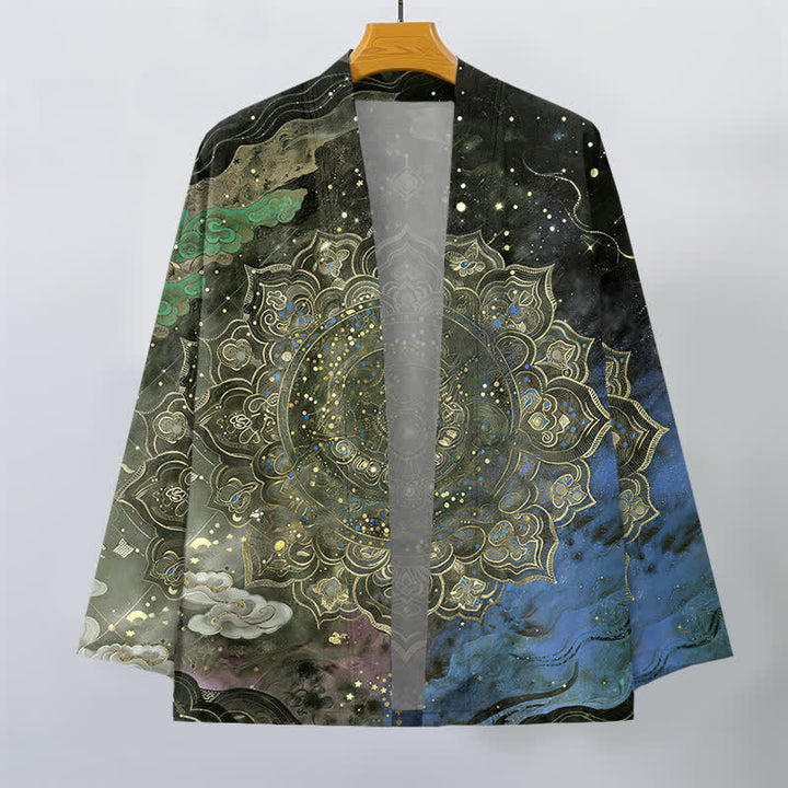 Buddha Stones Bawełniane kimono męskie z wzorem galaktycznej mandali z otwartym przodem - image 7