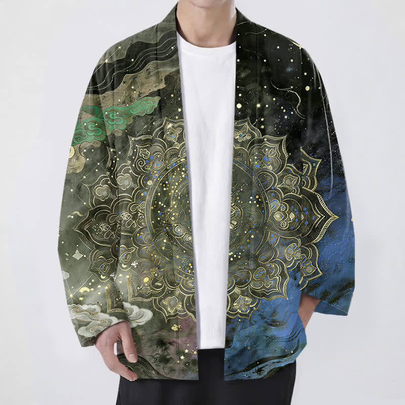 Buddha Stones Bawełniane kimono męskie z wzorem galaktycznej mandali z otwartym przodem - DarkOliveGreen - US/UK/AU48， EU58 (4XL) - image 6