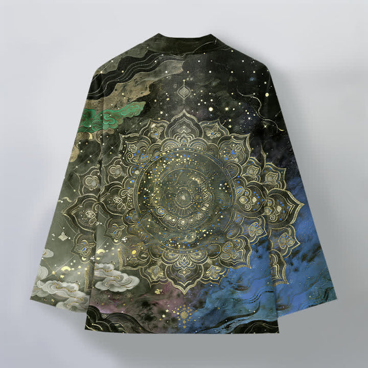 Buddha Stones Bawełniane kimono męskie z wzorem galaktycznej mandali z otwartym przodem - image 8