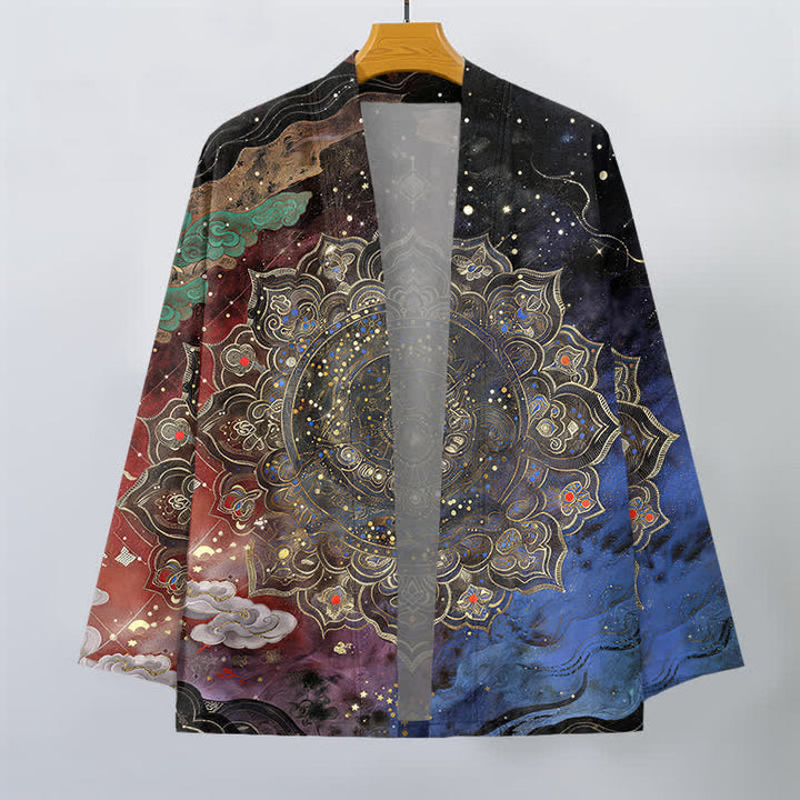 Buddha Stones Bawełniane kimono męskie z wzorem galaktycznej mandali z otwartym przodem - image 10