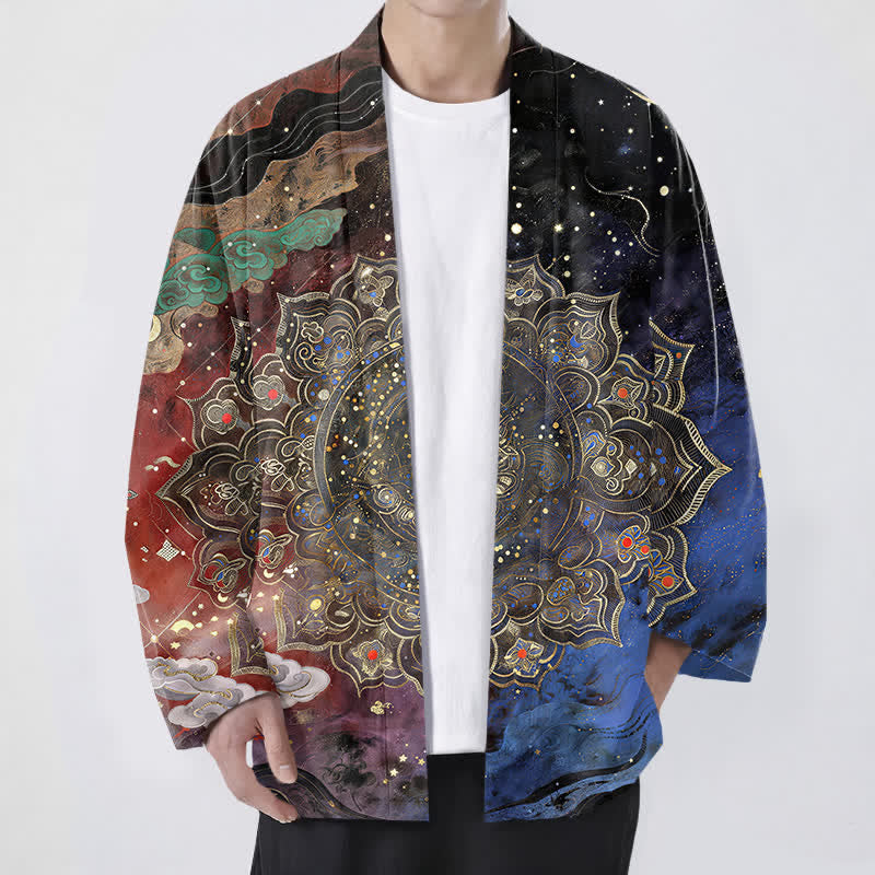 Buddha Stones Bawełniane kimono męskie z wzorem galaktycznej mandali z otwartym przodem - Cegła ogniotrwała - US/UK/AU48， EU58 (4XL) - image 9