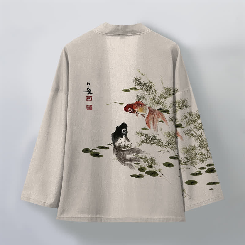 Buddha Stones Męskie kimono z bawełny Koi Lotus Ink Wash Pattern z otwartym przodem - image 2