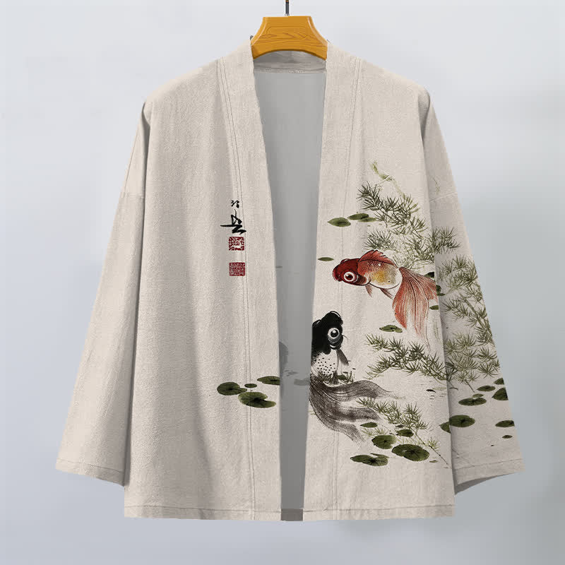Buddha Stones Męskie kimono z bawełny Koi Lotus Ink Wash Pattern z otwartym przodem - image 1