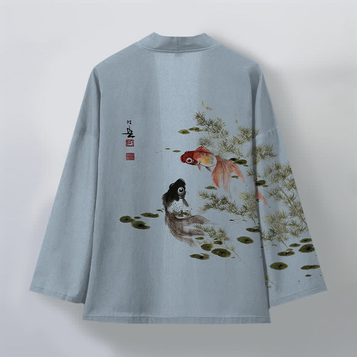 Buddha Stones Męskie kimono z bawełny Koi Lotus Ink Wash Pattern z otwartym przodem - image 8