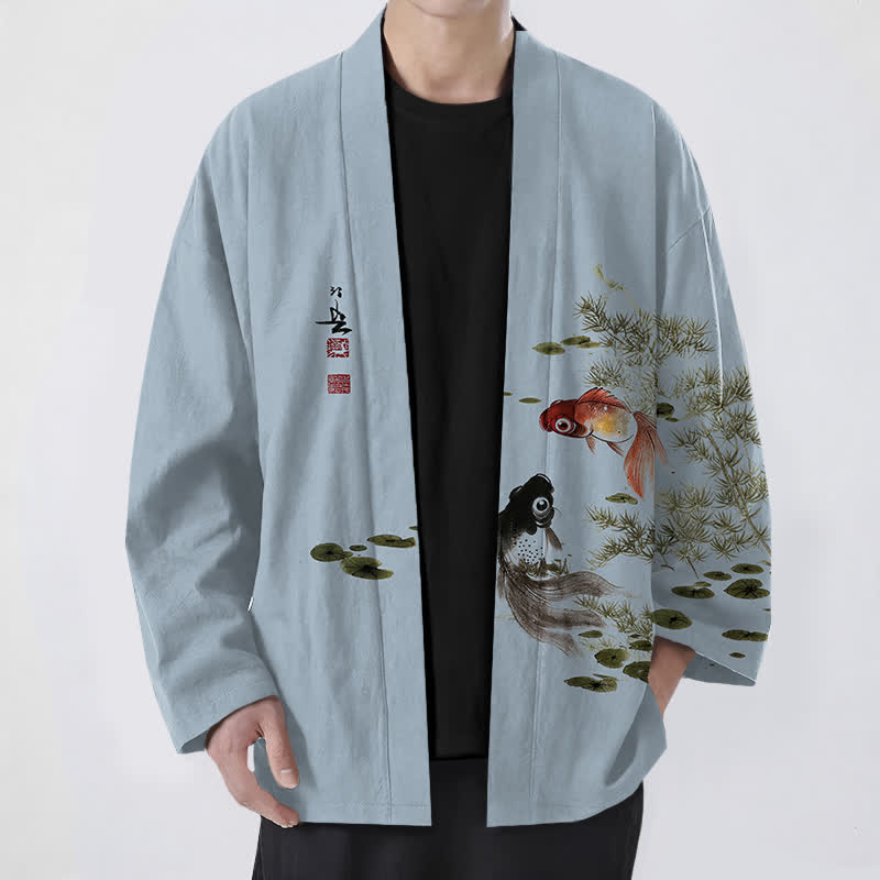 Buddha Stones Męskie kimono z bawełny Koi Lotus Ink Wash Pattern z otwartym przodem - LightSteelBlue - US/UK/AU48， EU58 (4XL) - image 6