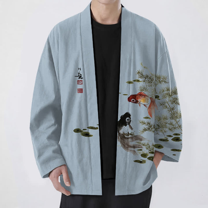 Buddha Stones Męskie kimono z bawełny Koi Lotus Ink Wash Pattern z otwartym przodem - LightSteelBlue - US/UK/AU48， EU58 (4XL) - image 6