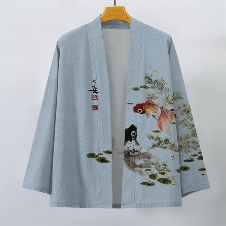 Buddha Stones Męskie kimono z bawełny Koi Lotus Ink Wash Pattern z otwartym przodem - image 7