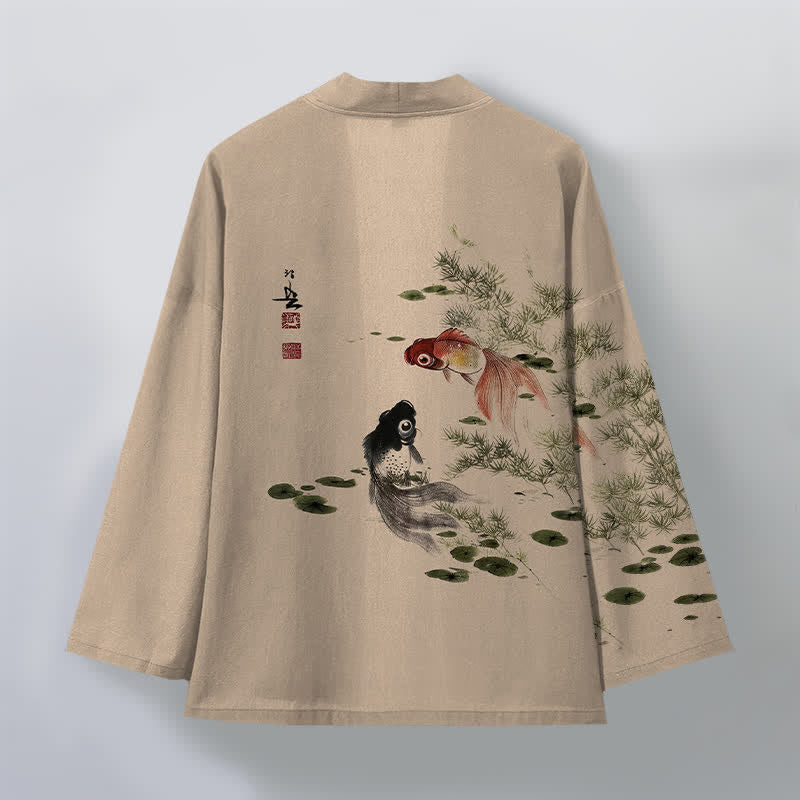 Buddha Stones Męskie kimono z bawełny Koi Lotus Ink Wash Pattern z otwartym przodem - image 11