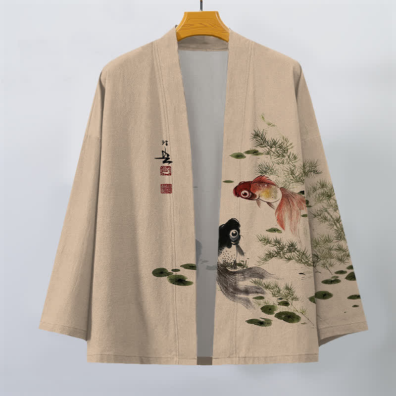 Buddha Stones Męskie kimono z bawełny Koi Lotus Ink Wash Pattern z otwartym przodem - image 10