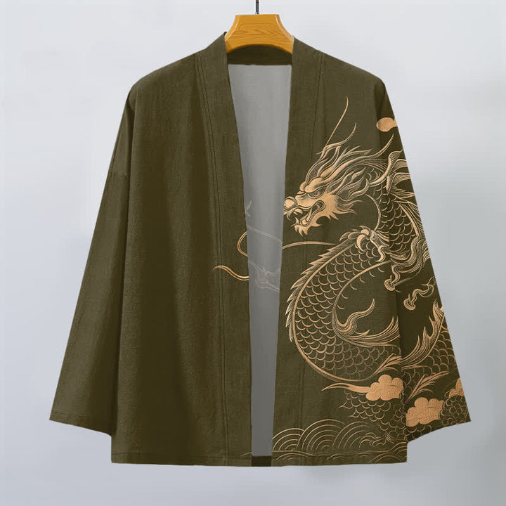 Buddha Stones Bawełniane kimono męskie z odkrytym przodem i wzorem w chmury i złote smoki - image 1