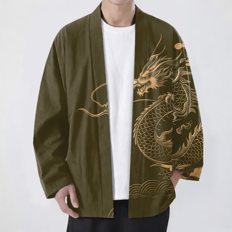 Buddha Stones Bawełniane kimono męskie z odkrytym przodem i wzorem w chmury i złote smoki - Oliwka - US/UK/AU48， EU58 (4XL) - image 0