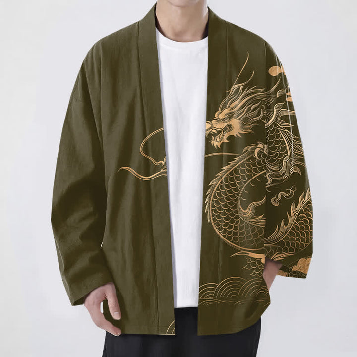 Buddha Stones Bawełniane kimono męskie z odkrytym przodem i wzorem w chmury i złote smoki - Oliwka - US/UK/AU48， EU58 (4XL) - image 0