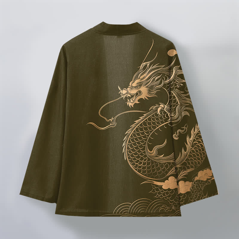 Buddha Stones Bawełniane kimono męskie z odkrytym przodem i wzorem w chmury i złote smoki - image 2