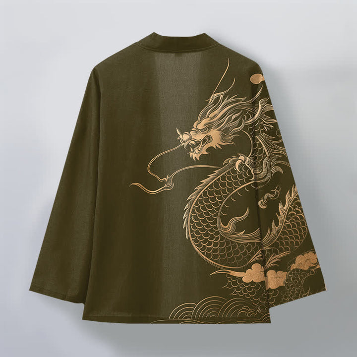 Buddha Stones Bawełniane kimono męskie z odkrytym przodem i wzorem w chmury i złote smoki - image 2