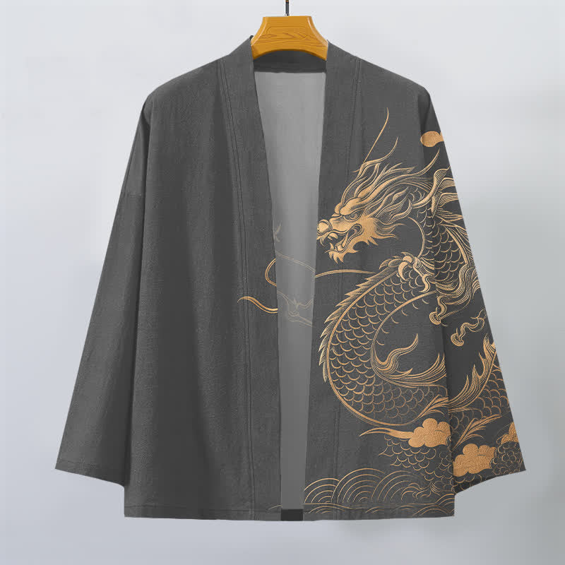 Buddha Stones Bawełniane kimono męskie z odkrytym przodem i wzorem w chmury i złote smoki - image 7