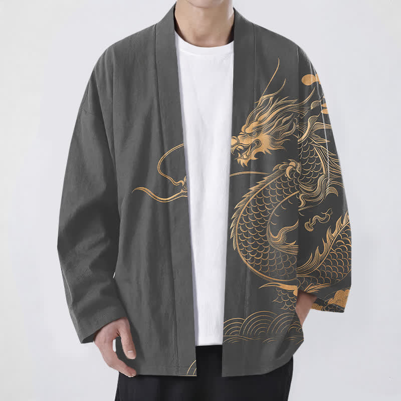 Buddha Stones Bawełniane kimono męskie z odkrytym przodem i wzorem w chmury i złote smoki - DimGray - US/UK/AU48， EU58 (4XL) - image 6