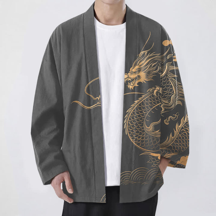 Buddha Stones Bawełniane kimono męskie z odkrytym przodem i wzorem w chmury i złote smoki - DimGray - US/UK/AU48， EU58 (4XL) - image 6