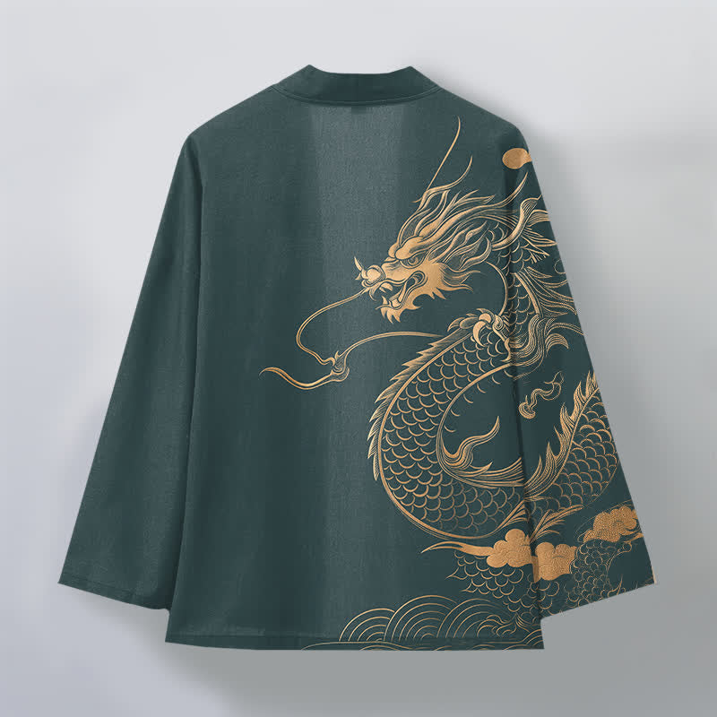 Buddha Stones Bawełniane kimono męskie z odkrytym przodem i wzorem w chmury i złote smoki - image 11