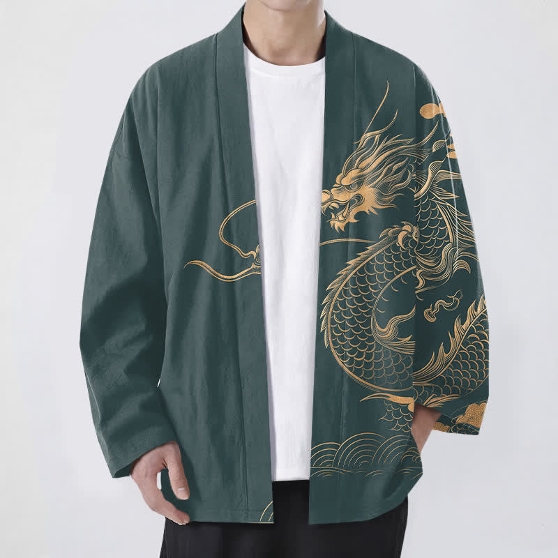 Buddha Stones Bawełniane kimono męskie z odkrytym przodem i wzorem w chmury i złote smoki - Cyraneczka - US/UK/AU48， EU58 (4XL) - image 9