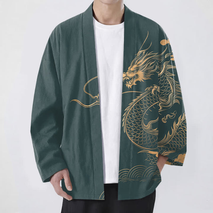Buddha Stones Bawełniane kimono męskie z odkrytym przodem i wzorem w chmury i złote smoki - Cyraneczka - US/UK/AU48， EU58 (4XL) - image 9