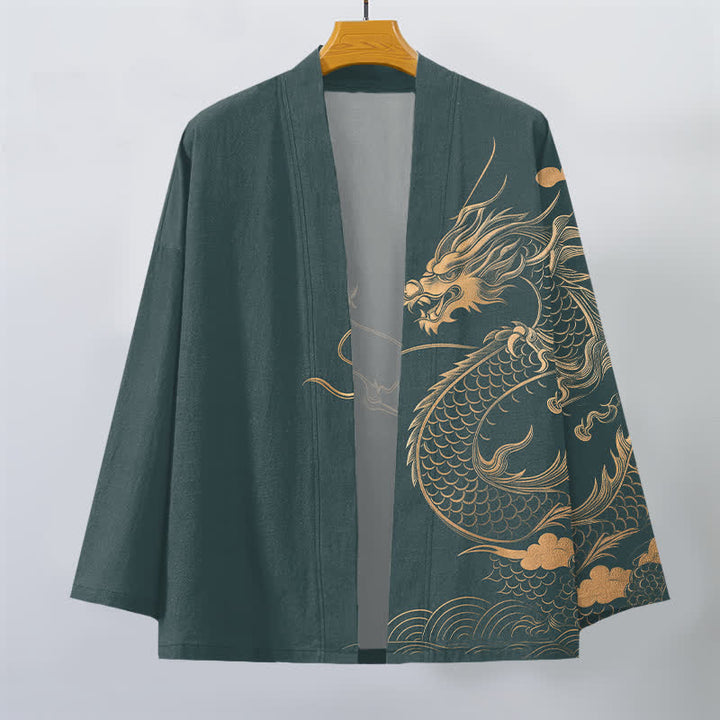 Buddha Stones Bawełniane kimono męskie z odkrytym przodem i wzorem w chmury i złote smoki - image 10