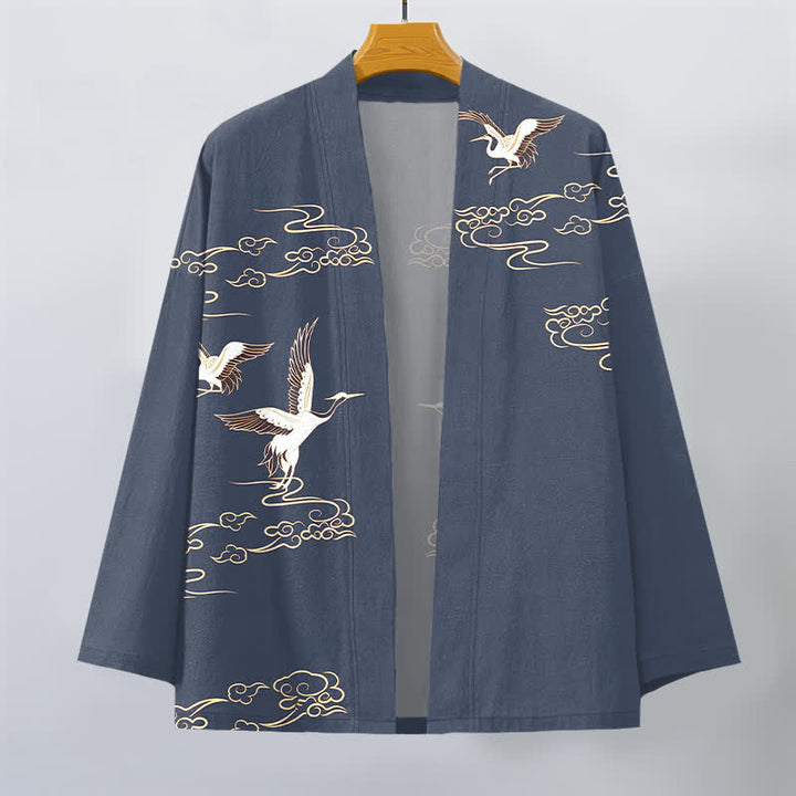 Buddha Stones Bawełniane kimono męskie z odkrytym przodem i wzorem żurawia w złote chmury - image 1
