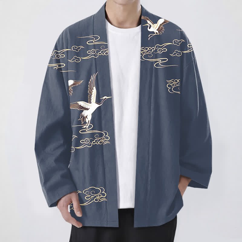 Buddha Stones Bawełniane kimono męskie z odkrytym przodem i wzorem żurawia w złote chmury - Stalowoniebieski - US/UK/AU48， EU58 (4XL) - image 0