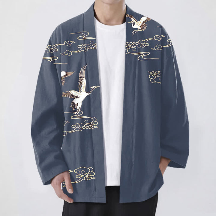 Buddha Stones Bawełniane kimono męskie z odkrytym przodem i wzorem żurawia w złote chmury - Stalowoniebieski - US/UK/AU48， EU58 (4XL) - image 0