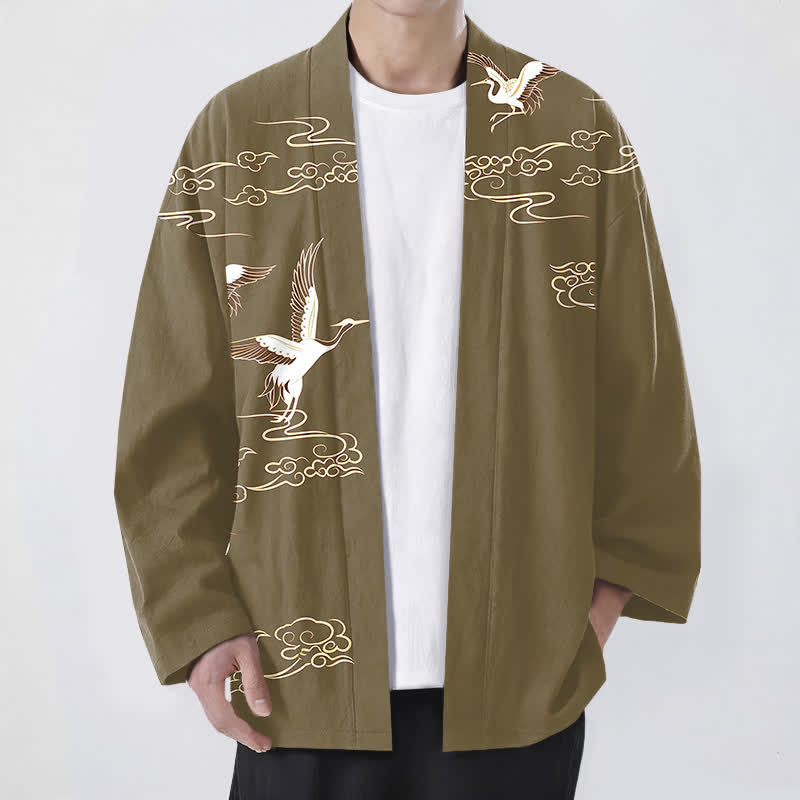 Buddha Stones Bawełniane kimono męskie z odkrytym przodem i wzorem żurawia w złote chmury - Oliwka - US/UK/AU48， EU58 (4XL) - image 9