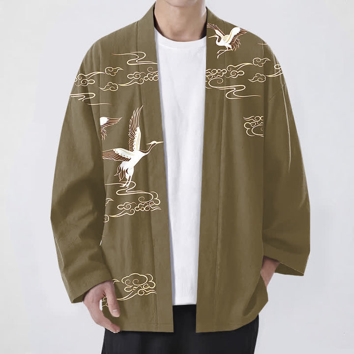 Buddha Stones Bawełniane kimono męskie z odkrytym przodem i wzorem żurawia w złote chmury - Oliwka - US/UK/AU48， EU58 (4XL) - image 9
