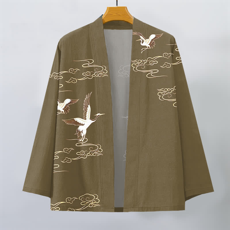 Buddha Stones Bawełniane kimono męskie z odkrytym przodem i wzorem żurawia w złote chmury - image 10