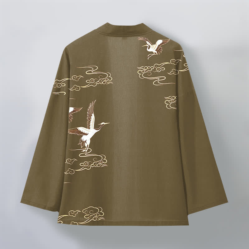 Buddha Stones Bawełniane kimono męskie z odkrytym przodem i wzorem żurawia w złote chmury - image 11