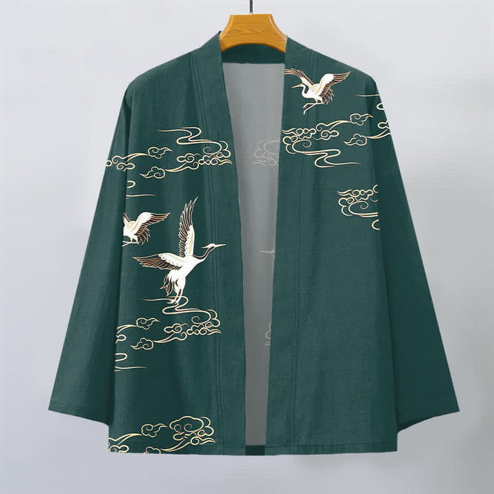Buddha Stones Bawełniane kimono męskie z odkrytym przodem i wzorem żurawia w złote chmury - image 7