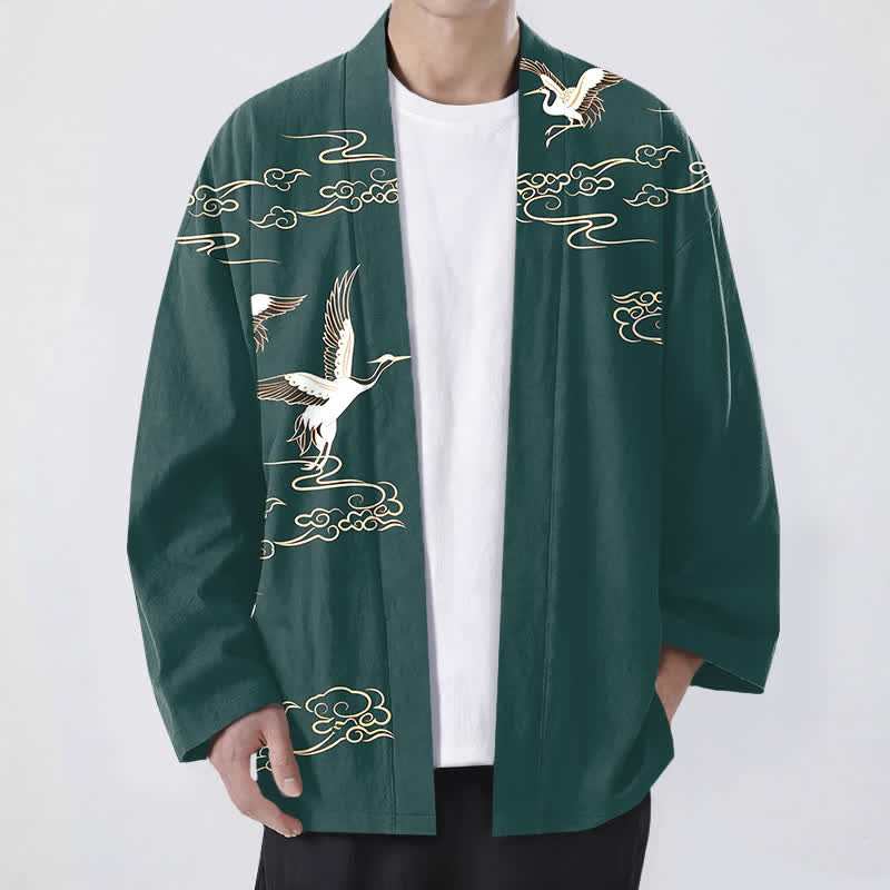Buddha Stones Bawełniane kimono męskie z odkrytym przodem i wzorem żurawia w złote chmury - Cyraneczka - US/UK/AU48， EU58 (4XL) - image 6