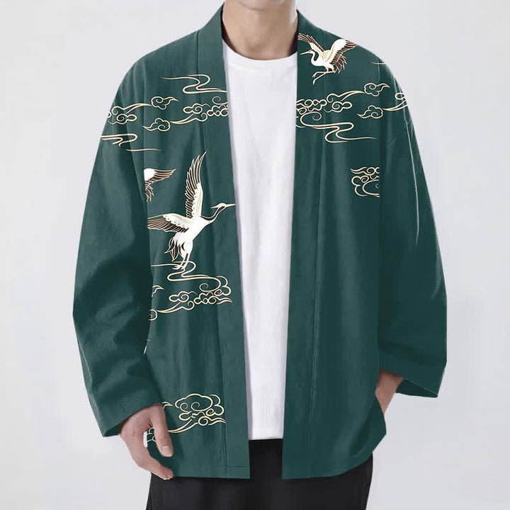 Buddha Stones Bawełniane kimono męskie z odkrytym przodem i wzorem żurawia w złote chmury - Cyraneczka - US/UK/AU48， EU58 (4XL) - image 6