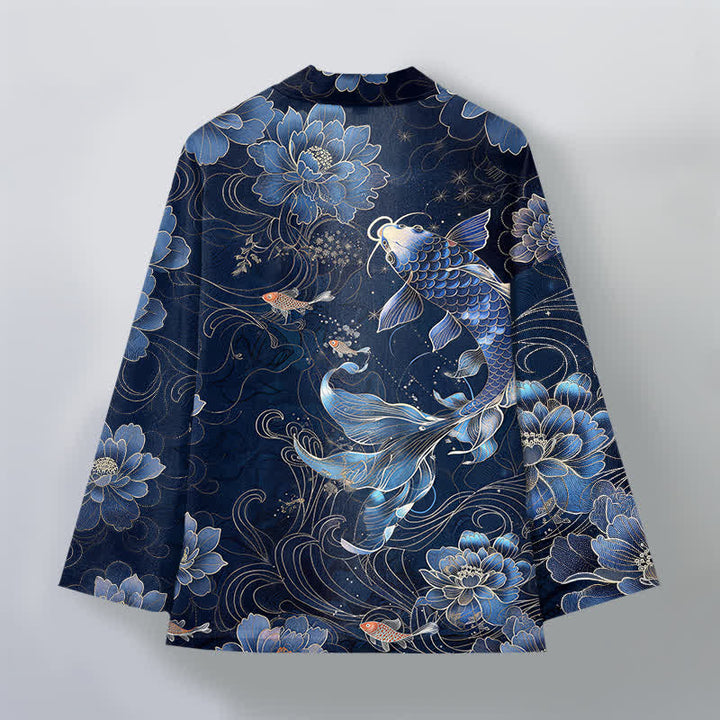 Buddha Stones Bawełniane kimono męskie z wzorem Koi Lotus Flowing Waves z otwartym przodem - image 2